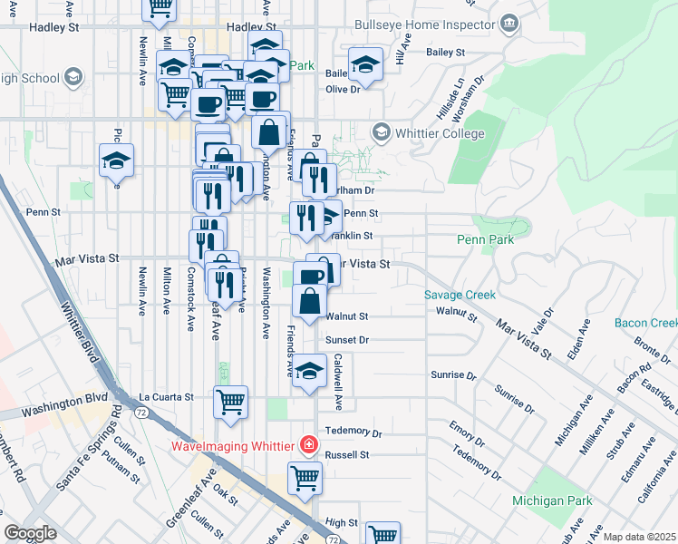 map of restaurants, bars, coffee shops, grocery stores, and more near 13502 Mar Vista Street in Whittier