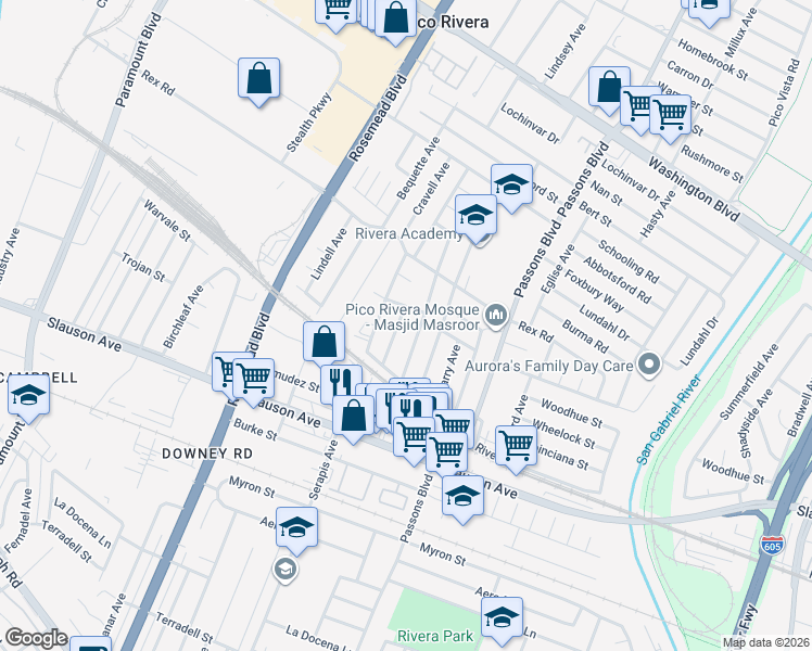 map of restaurants, bars, coffee shops, grocery stores, and more near 7505 Lindsey Avenue in Pico Rivera