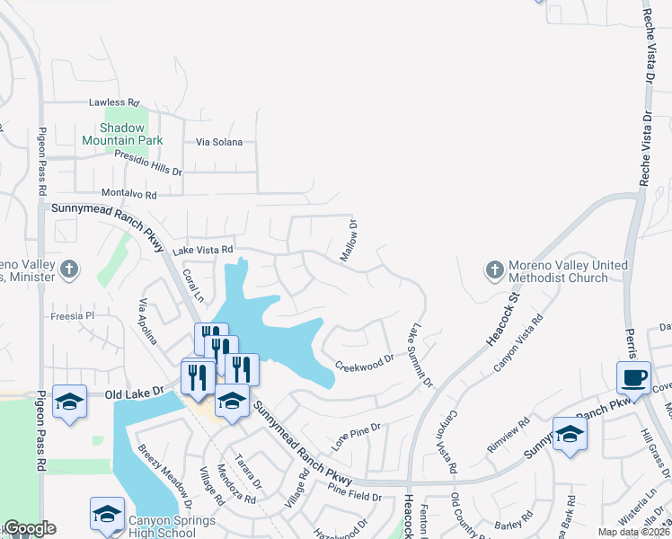 map of restaurants, bars, coffee shops, grocery stores, and more near 23845 Lake Vista Road in Moreno Valley