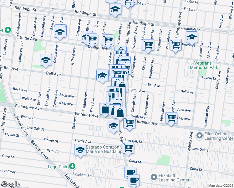 map of restaurants, bars, coffee shops, grocery stores, and more near 6903 3/4 Atlantic Avenue in Bell Gardens