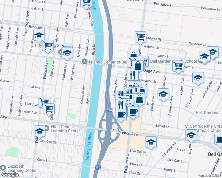 map of restaurants, bars, coffee shops, grocery stores, and more near 6612 Selfland Avenue in Bell Gardens