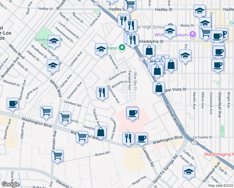 map of restaurants, bars, coffee shops, grocery stores, and more near 12329 Primrose Avenue in Whittier