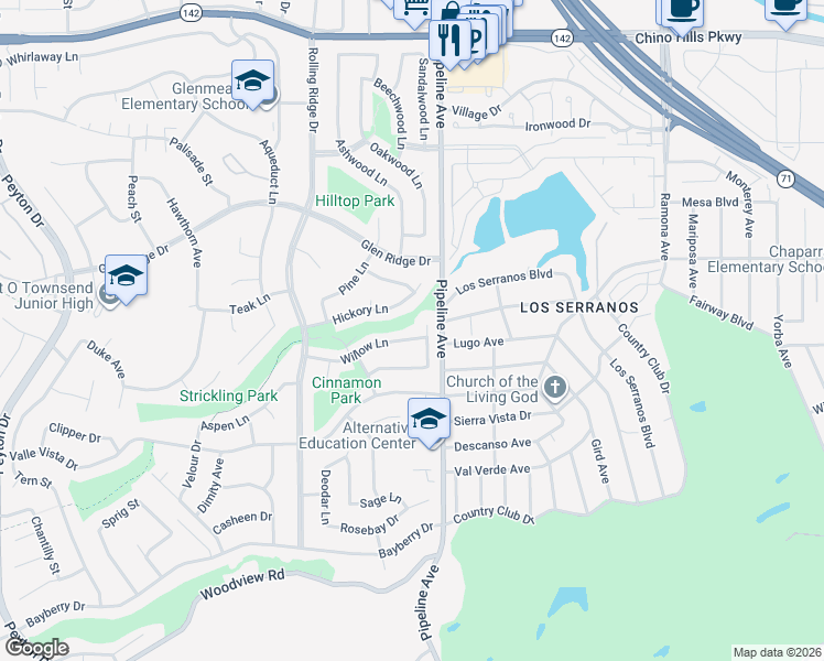 map of restaurants, bars, coffee shops, grocery stores, and more near 15407 Elm Lane in Chino Hills