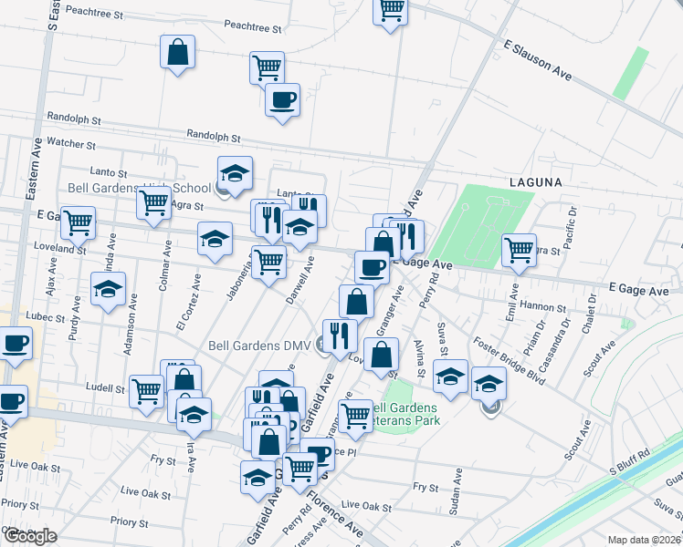map of restaurants, bars, coffee shops, grocery stores, and more near 6350 Gage Avenue in Bell Gardens