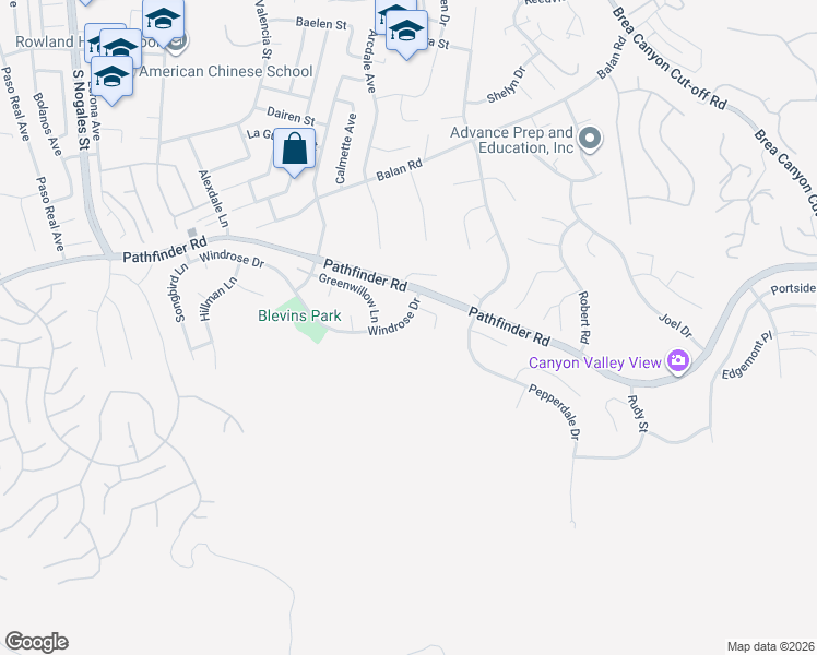 map of restaurants, bars, coffee shops, grocery stores, and more near 19625 Windrose Drive in Rowland Heights