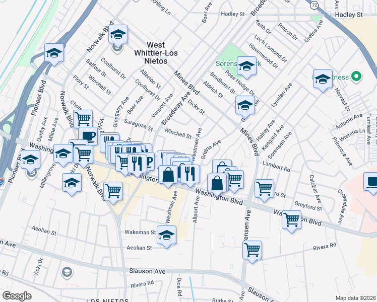 map of restaurants, bars, coffee shops, grocery stores, and more near 11512 Blanding Street in Whittier