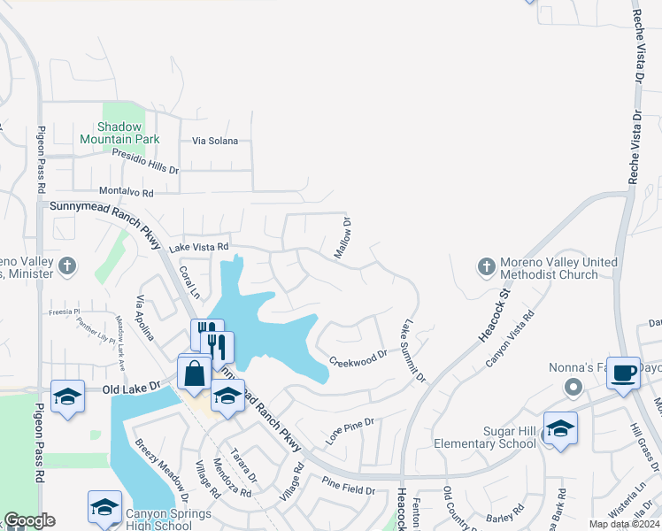 map of restaurants, bars, coffee shops, grocery stores, and more near 23845 Lake Vista Road in Moreno Valley