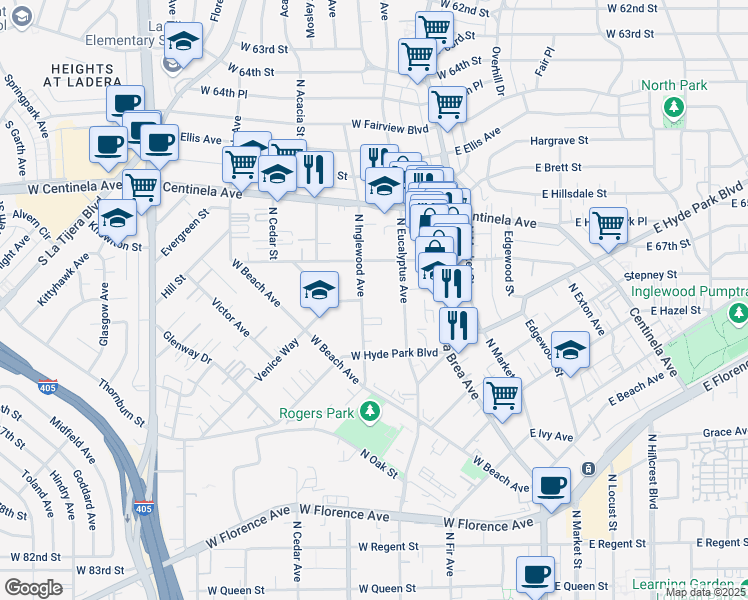 map of restaurants, bars, coffee shops, grocery stores, and more near 756 North Inglewood Avenue in Inglewood