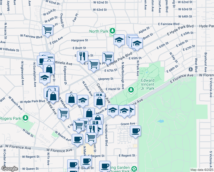map of restaurants, bars, coffee shops, grocery stores, and more near 519 East Hazel Street in Inglewood