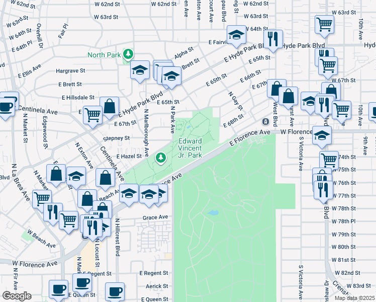 map of restaurants, bars, coffee shops, grocery stores, and more near 700 Warren Lane in Inglewood