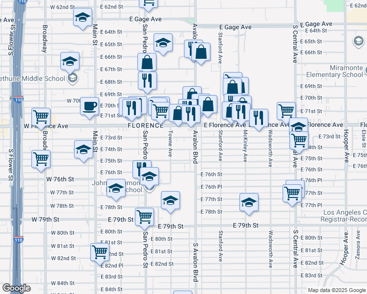 map of restaurants, bars, coffee shops, grocery stores, and more near 433 East 74th Street in Los Angeles
