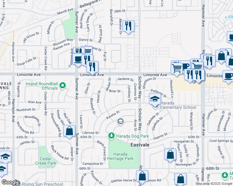 map of restaurants, bars, coffee shops, grocery stores, and more near 13145 Briar Street in Corona