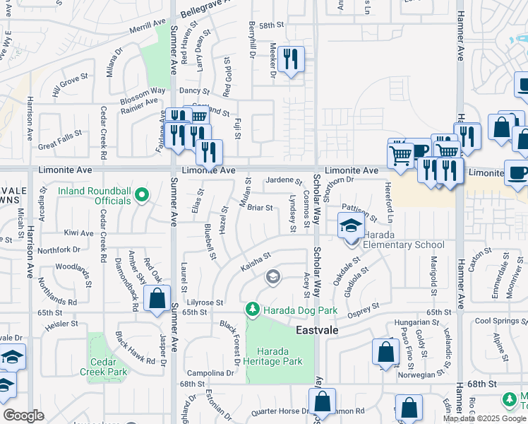 map of restaurants, bars, coffee shops, grocery stores, and more near 13145 Briar Street in Corona