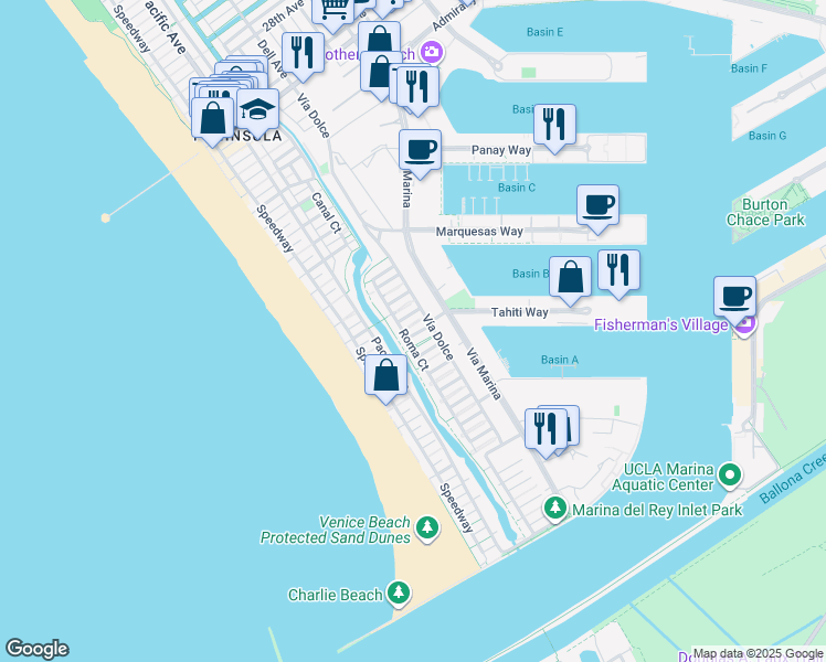 map of restaurants, bars, coffee shops, grocery stores, and more near 114 Mast Court in Marina del Rey
