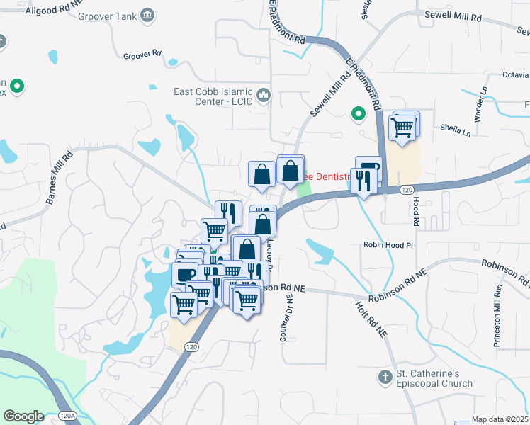 map of restaurants, bars, coffee shops, grocery stores, and more near 2249 Roswell Road in Marietta