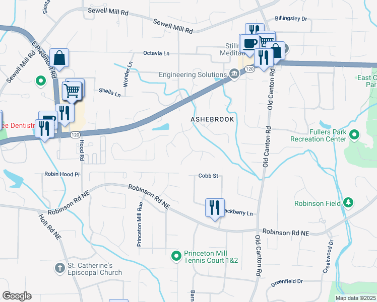 map of restaurants, bars, coffee shops, grocery stores, and more near 999 Ashebrooke Way Northeast in Marietta
