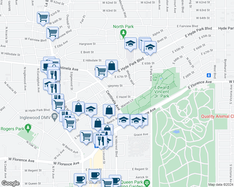 map of restaurants, bars, coffee shops, grocery stores, and more near 515 East Hazel Street in Inglewood