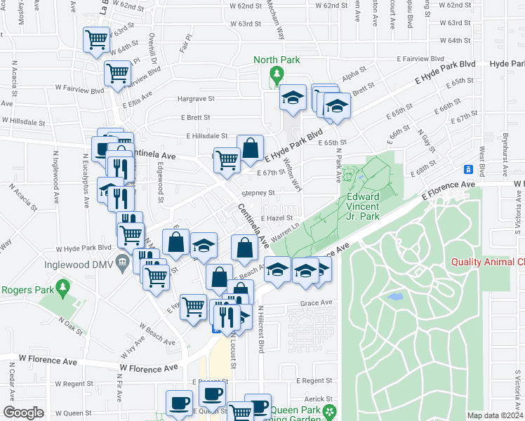 map of restaurants, bars, coffee shops, grocery stores, and more near 519 East Hazel Street in Inglewood