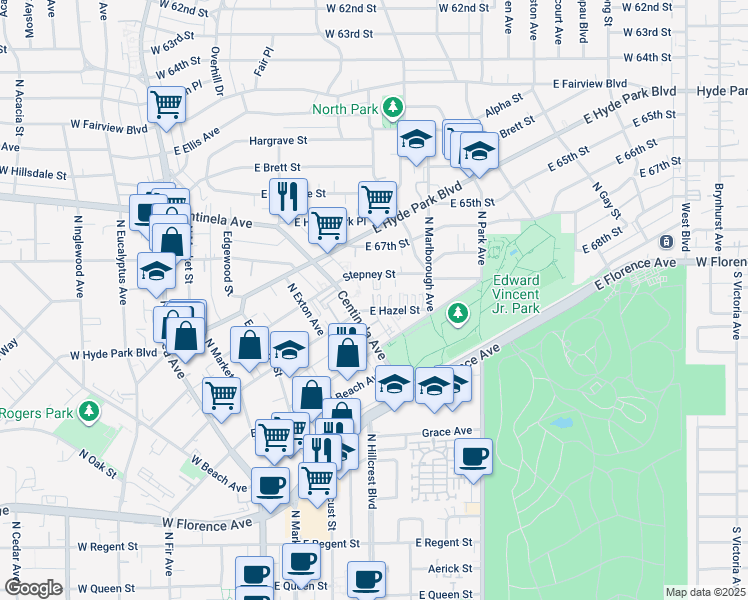 map of restaurants, bars, coffee shops, grocery stores, and more near 519 East Hazel Street in Inglewood