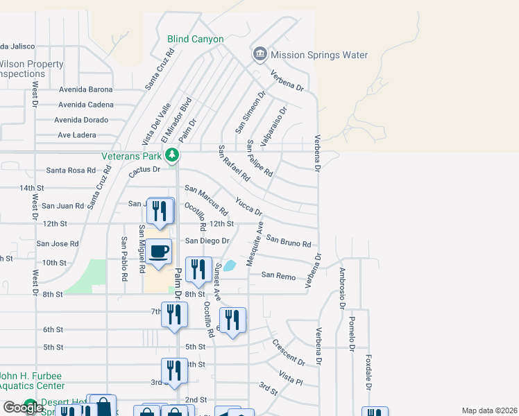 map of restaurants, bars, coffee shops, grocery stores, and more near 66759 San Rafael Road in Desert Hot Springs