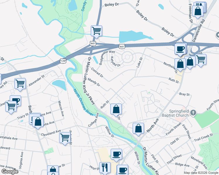 map of restaurants, bars, coffee shops, grocery stores, and more near 239 Ruth Street in Athens