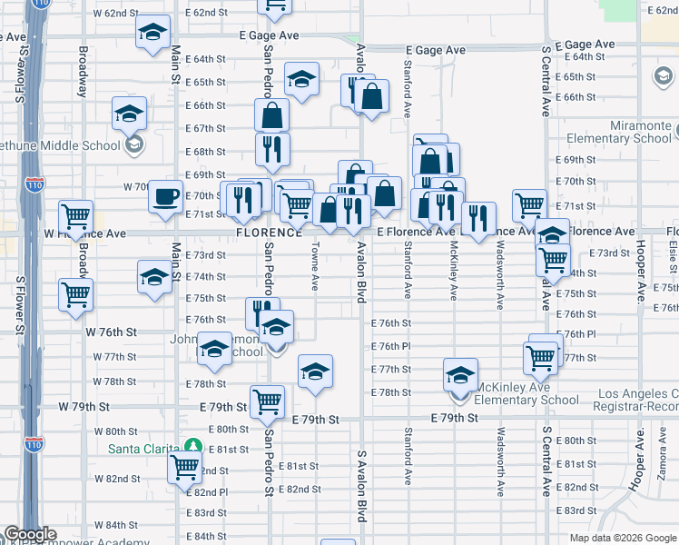 map of restaurants, bars, coffee shops, grocery stores, and more near 433 East 74th Street in Los Angeles