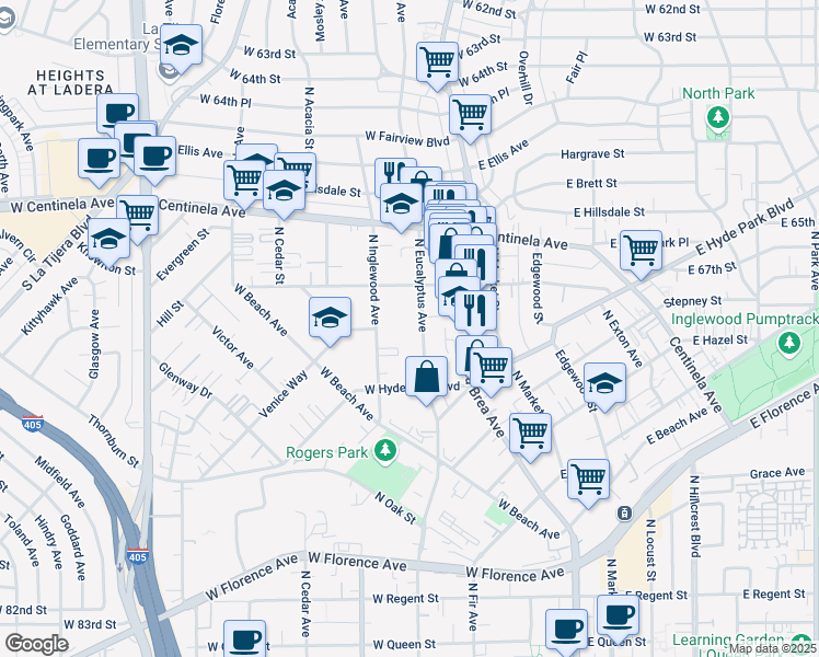 map of restaurants, bars, coffee shops, grocery stores, and more near 801 North Eucalyptus Avenue in Inglewood