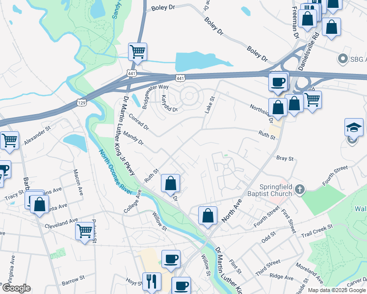 map of restaurants, bars, coffee shops, grocery stores, and more near 380 Ruth Street in Athens