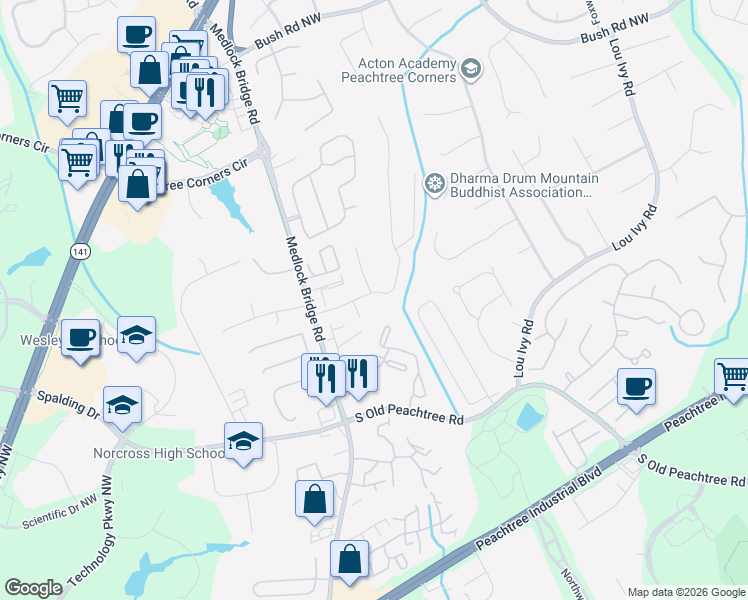 map of restaurants, bars, coffee shops, grocery stores, and more near 5090 Bankside Way in Norcross