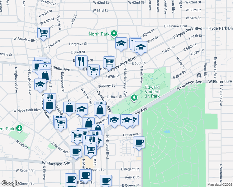 map of restaurants, bars, coffee shops, grocery stores, and more near 547 East Hazel Street in Inglewood