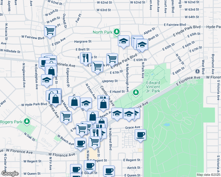map of restaurants, bars, coffee shops, grocery stores, and more near 534 Stepney Street in Inglewood