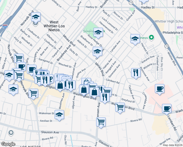 map of restaurants, bars, coffee shops, grocery stores, and more near 7719 Lynalan Avenue in Whittier