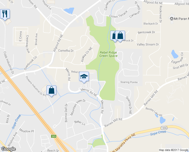 map of restaurants, bars, coffee shops, grocery stores, and more near 1224 Rebel Ridge Drive in Marietta