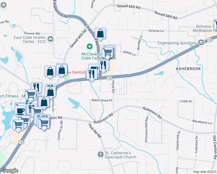 map of restaurants, bars, coffee shops, grocery stores, and more near 999 Hood Road in Marietta