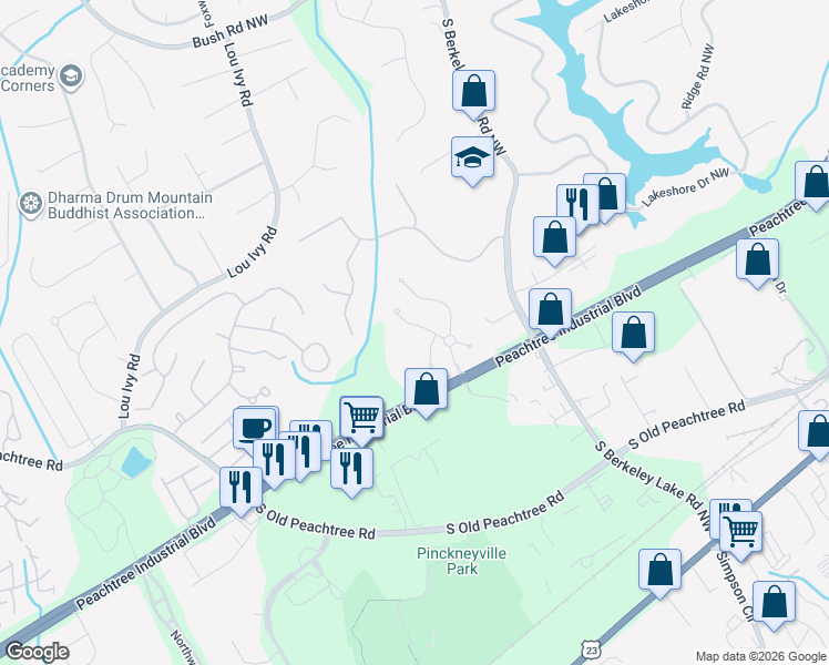 map of restaurants, bars, coffee shops, grocery stores, and more near 4274 Balmoral Glen Drive in Norcross