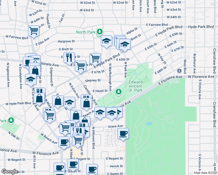 map of restaurants, bars, coffee shops, grocery stores, and more near 501 North Marlborough Avenue in Inglewood