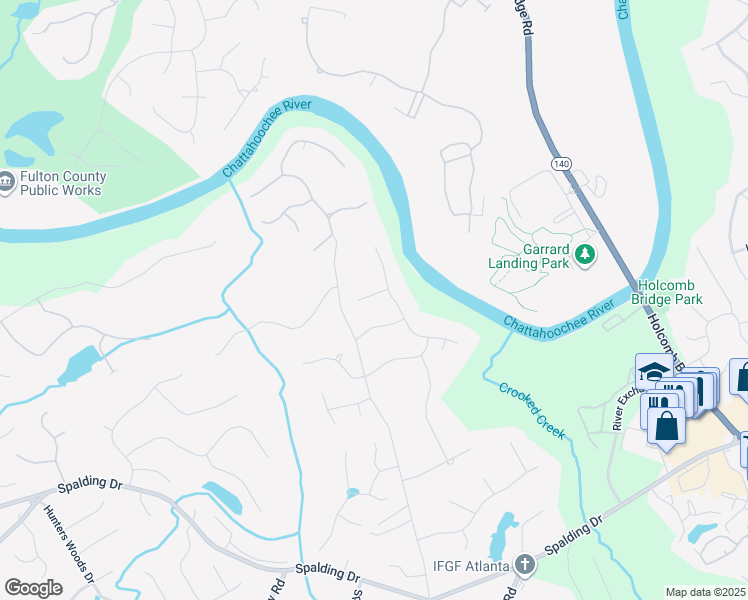 map of restaurants, bars, coffee shops, grocery stores, and more near 5025 Oak Bluff Court in Atlanta