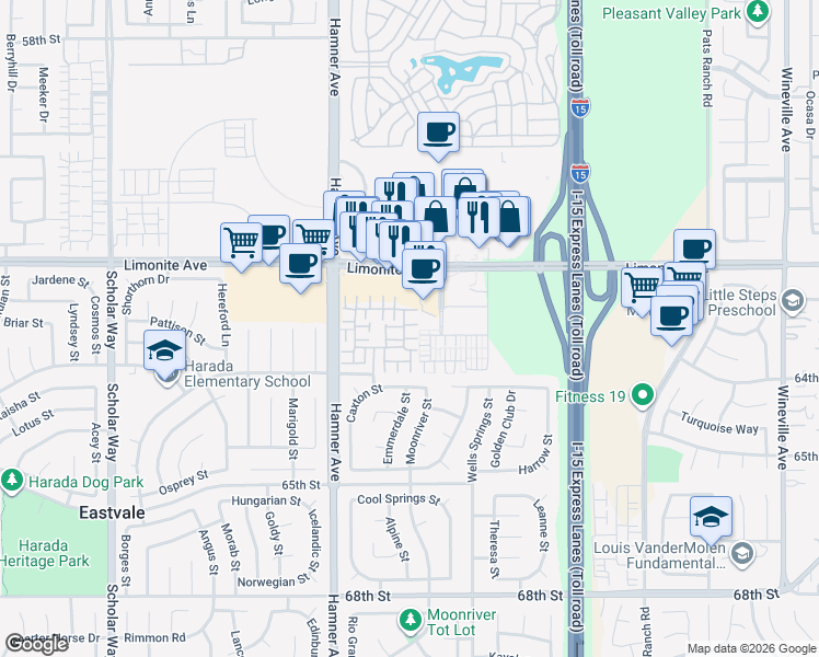 map of restaurants, bars, coffee shops, grocery stores, and more near 12469 Sabrosa Lane in Eastvale