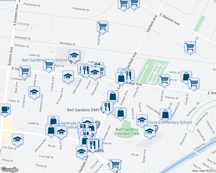 map of restaurants, bars, coffee shops, grocery stores, and more near 6358 Gage Avenue in Bell Gardens