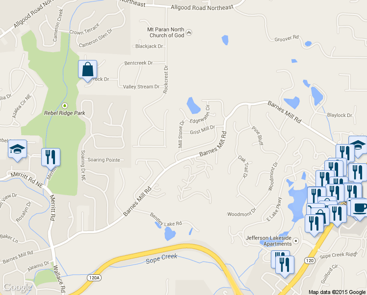 map of restaurants, bars, coffee shops, grocery stores, and more near 902 Mill Stone Drive in Marietta