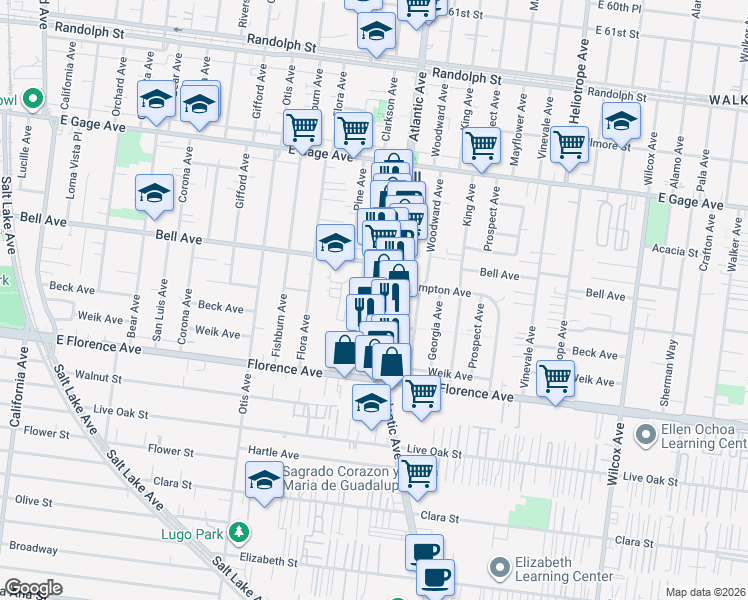 map of restaurants, bars, coffee shops, grocery stores, and more near 6903 3/4 Atlantic Avenue in Bell Gardens