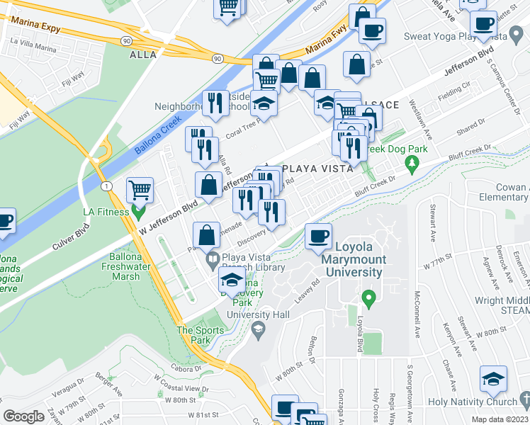map of restaurants, bars, coffee shops, grocery stores, and more near 6020 South Seabluff Drive in Los Angeles
