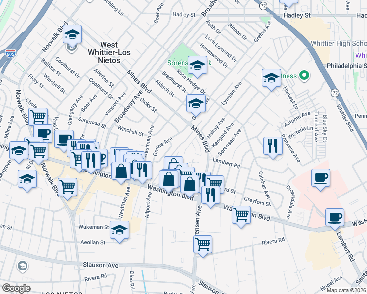 map of restaurants, bars, coffee shops, grocery stores, and more near 7719 Lynalan Avenue in Whittier