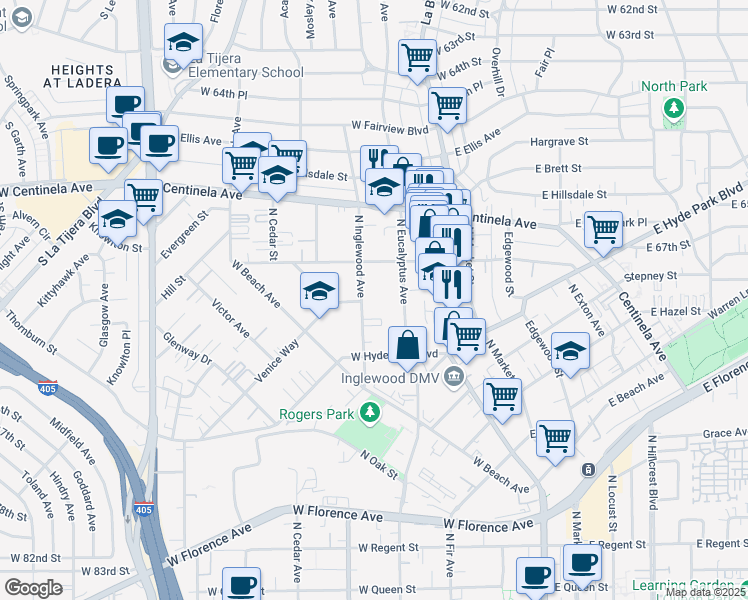 map of restaurants, bars, coffee shops, grocery stores, and more near 756 North Inglewood Avenue in Inglewood