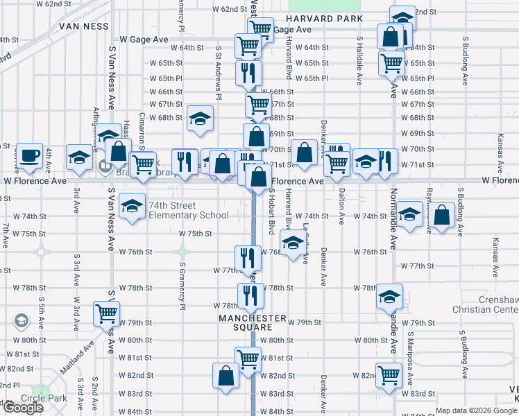 map of restaurants, bars, coffee shops, grocery stores, and more near 7307 South Hobart Boulevard in Los Angeles