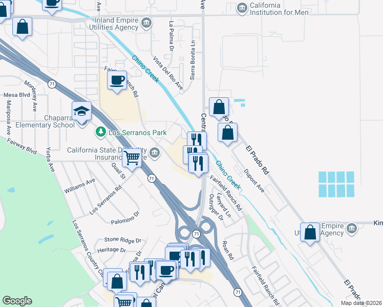 map of restaurants, bars, coffee shops, grocery stores, and more near 15370 Fairfield Ranch Road in Chino Hills