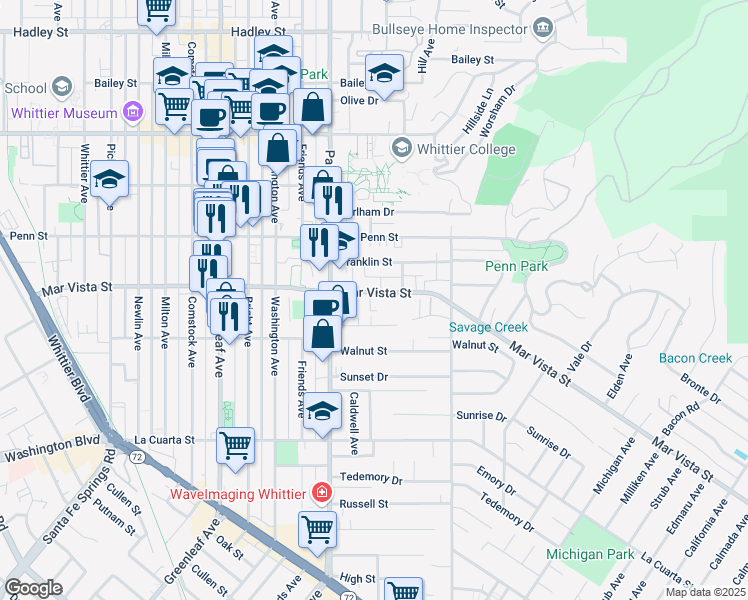 map of restaurants, bars, coffee shops, grocery stores, and more near 13605 Mar Vista Street in Whittier