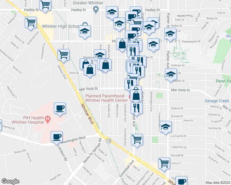map of restaurants, bars, coffee shops, grocery stores, and more near 7602 Milton Avenue in Whittier