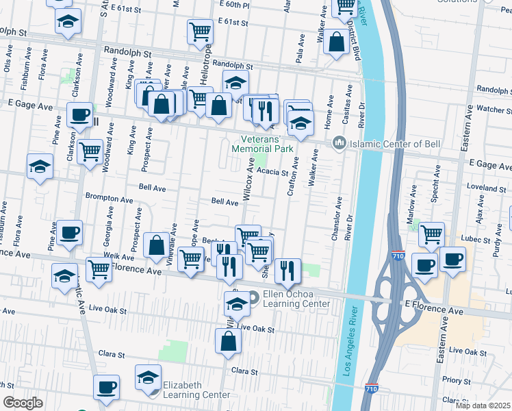 map of restaurants, bars, coffee shops, grocery stores, and more near 5034 Bell Avenue in Bell