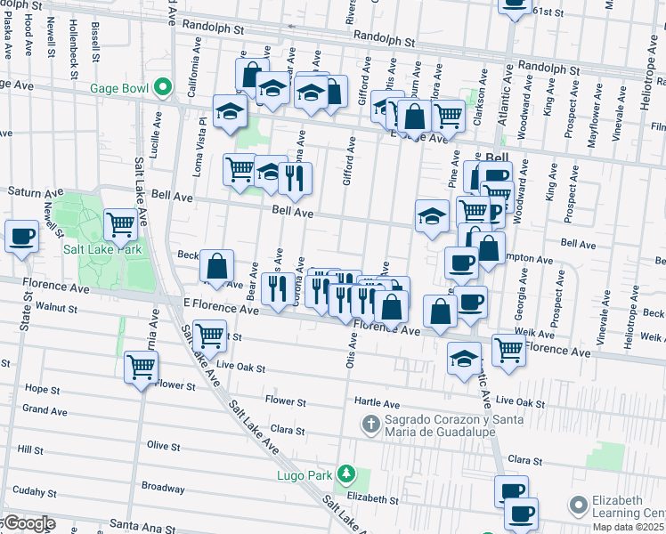 map of restaurants, bars, coffee shops, grocery stores, and more near 4022 Brompton Avenue in Bell